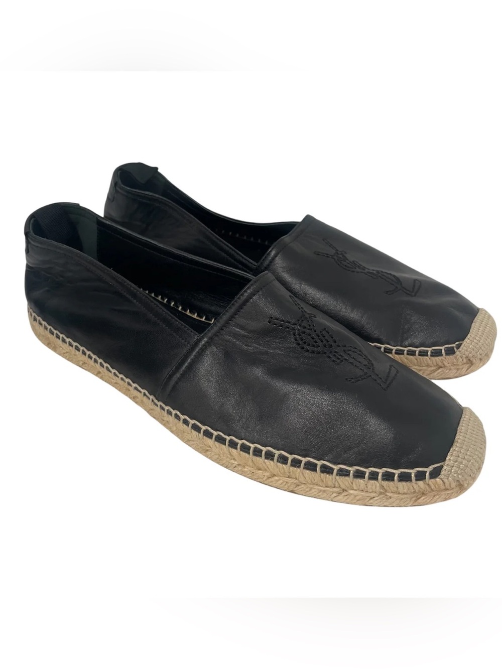 Yves Saint Laurent Black Leather Espadrille Slip-Ons with Embroidered Logo